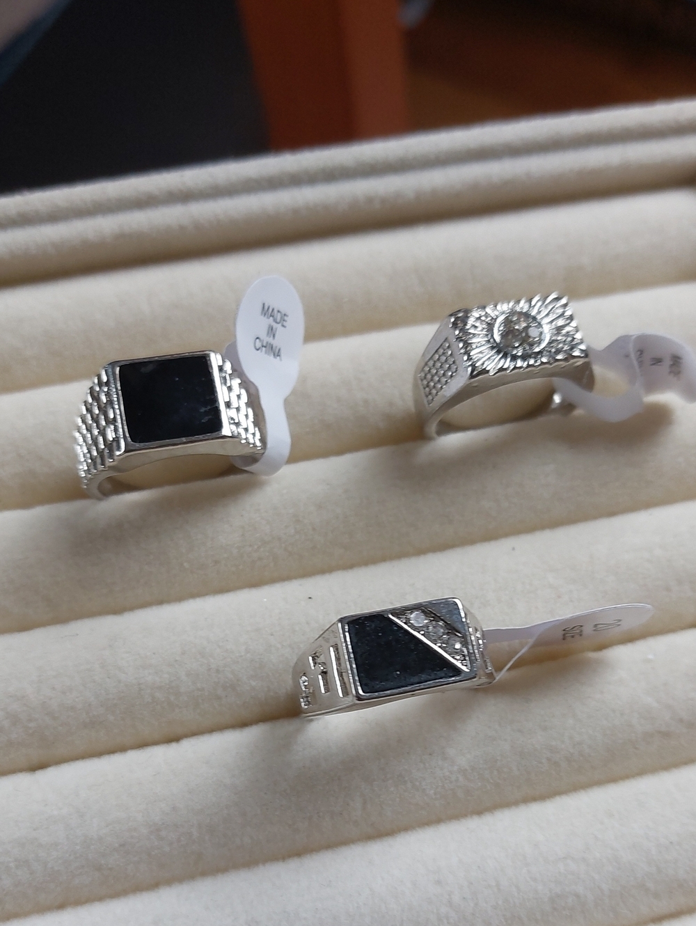 Silver Tone Men's Biker Signet Ring Lot 3pc - Onyx Style & Rhinestone 7.5 - 8.5